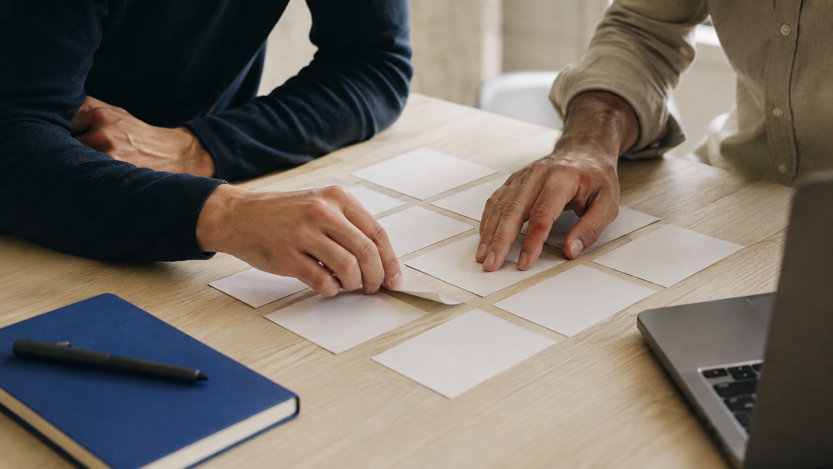 Illustrative scene of collaborators arranging cards to map a workflow
